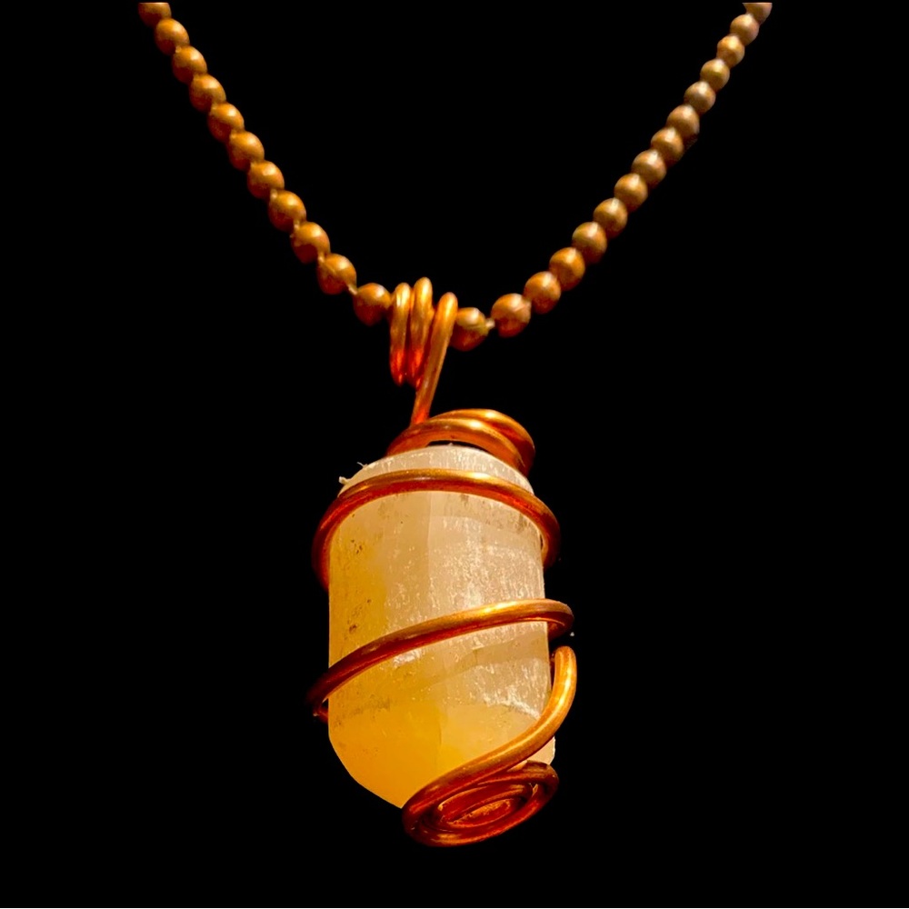 Peach Selenite, copper Wrapped pendant One of a kind !
